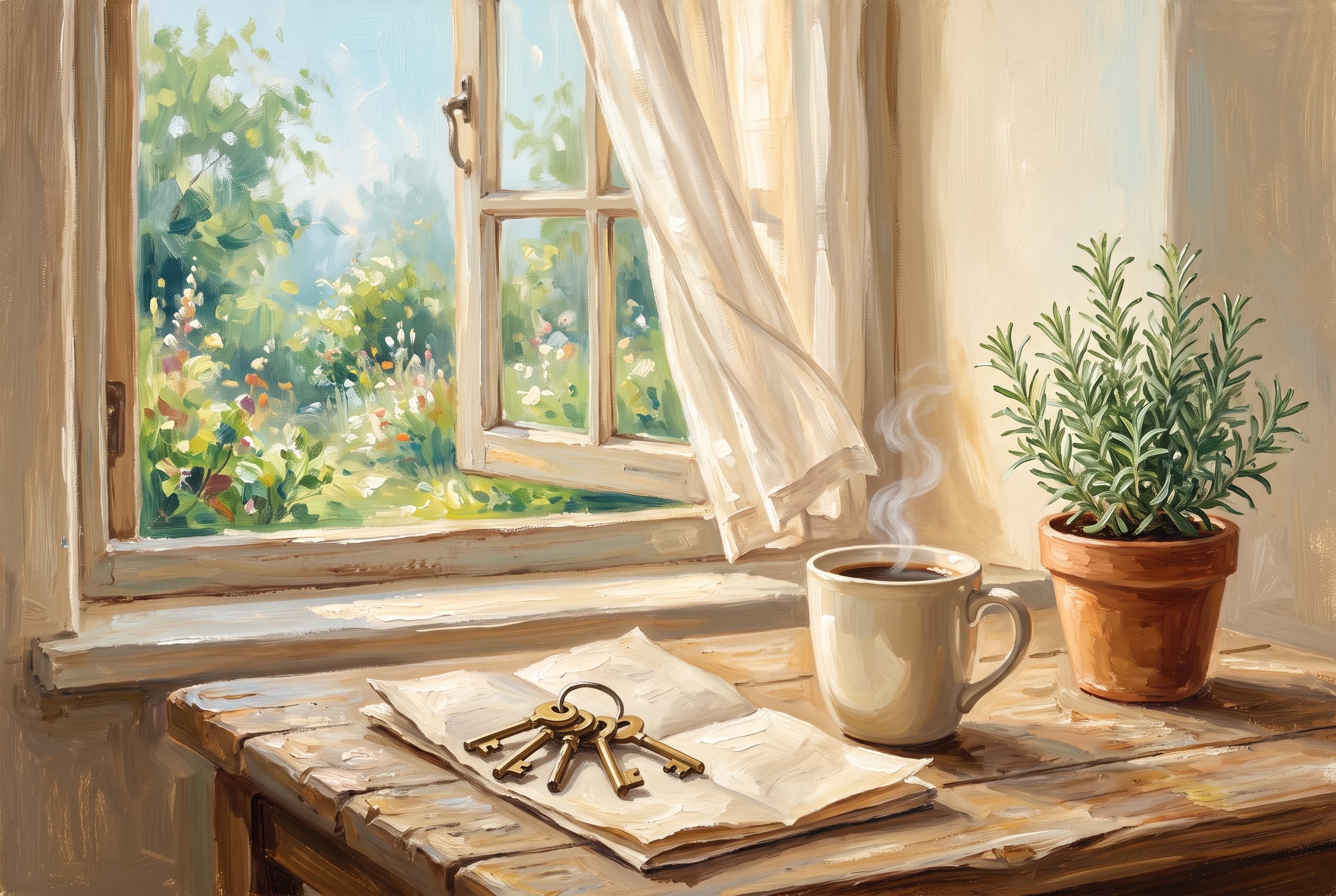 Painting of a sunlit table by an open window, with a ring of brass keys on a folded contract, a mug of coffee and a pot of rosemary